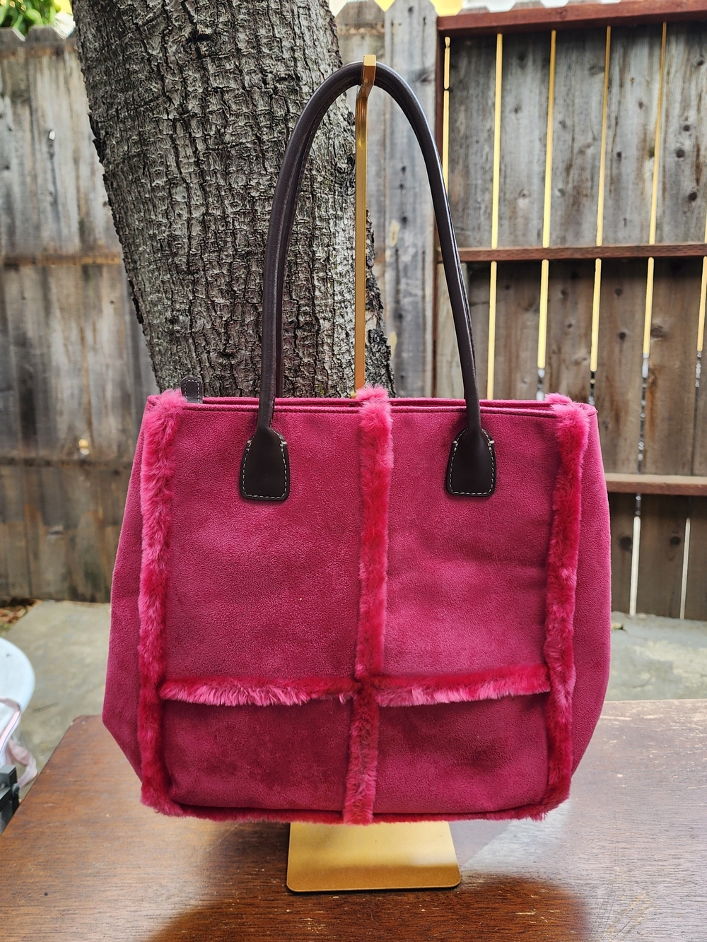 Liz Claiborne Vintage Y2K Hot Pink Suede Faux Fur Trim Tote Shoulder Bag